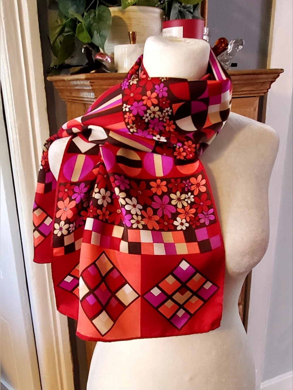 Red and Pink Floral Geometric Women's Scarf